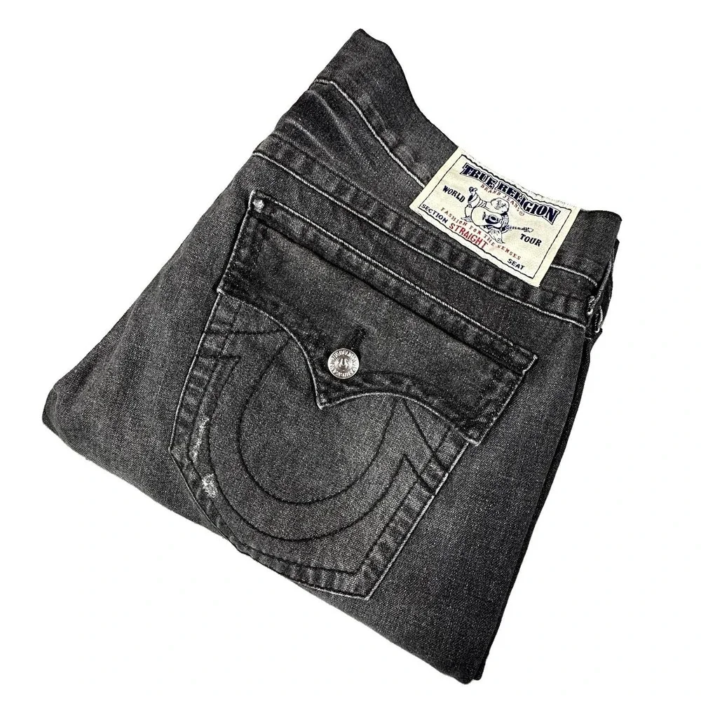 True Religion Straight Jeans Mens 36x33 Black Flap Pocket Y2K VTG Whiskered